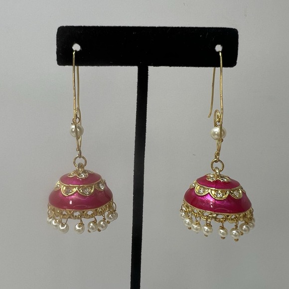 Jewelry - Traditional Indian Golden Minakari Jhumka Earrings Stones And Pearls (Pink)